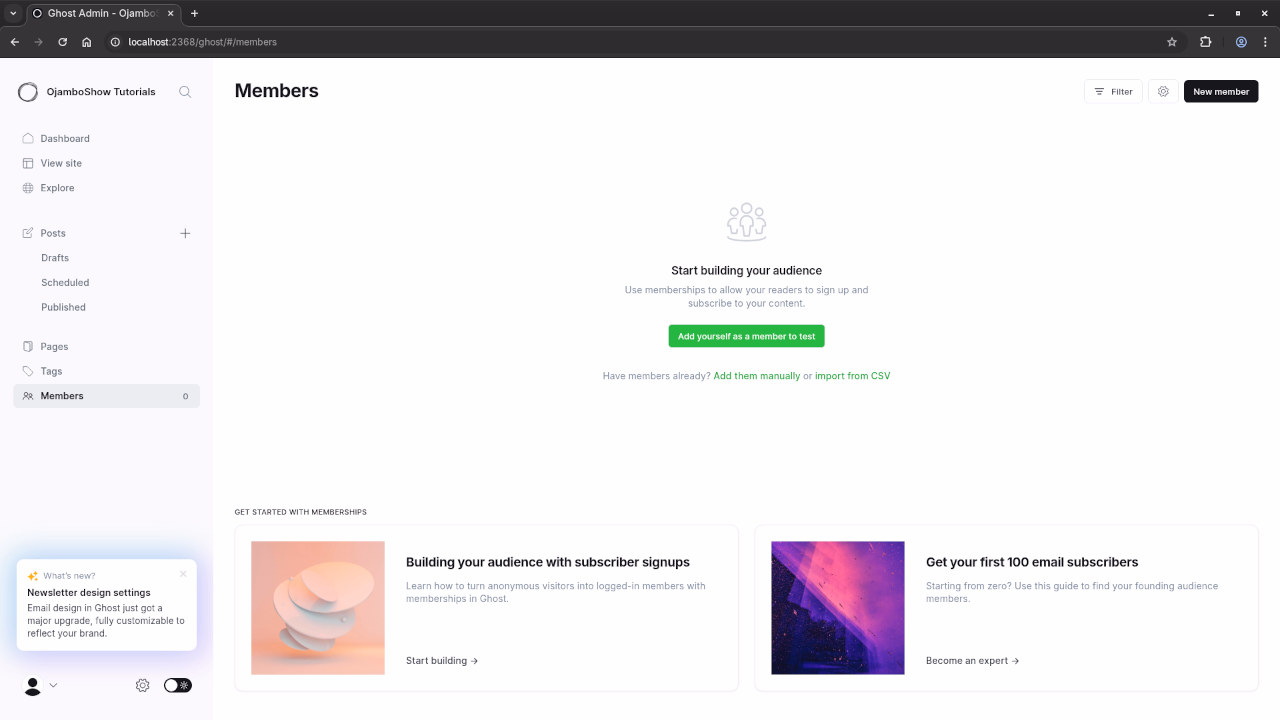Ghost CMS Backend Members Screen