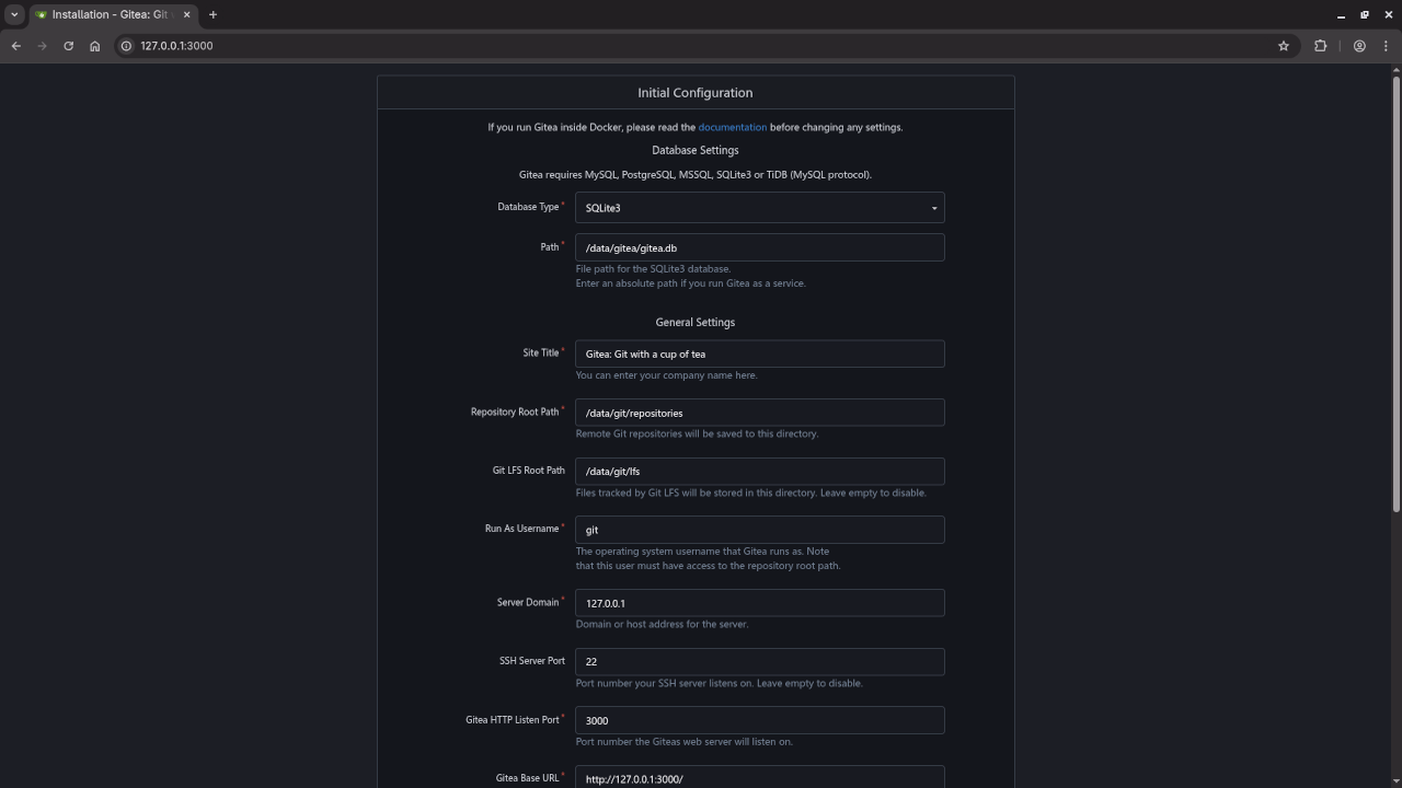 Gitea Initial Configuration