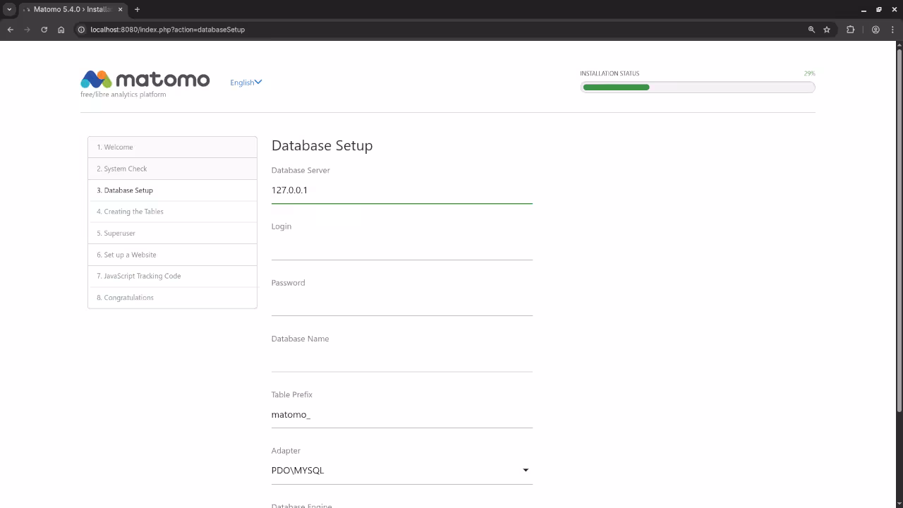 Matomo Database Screen