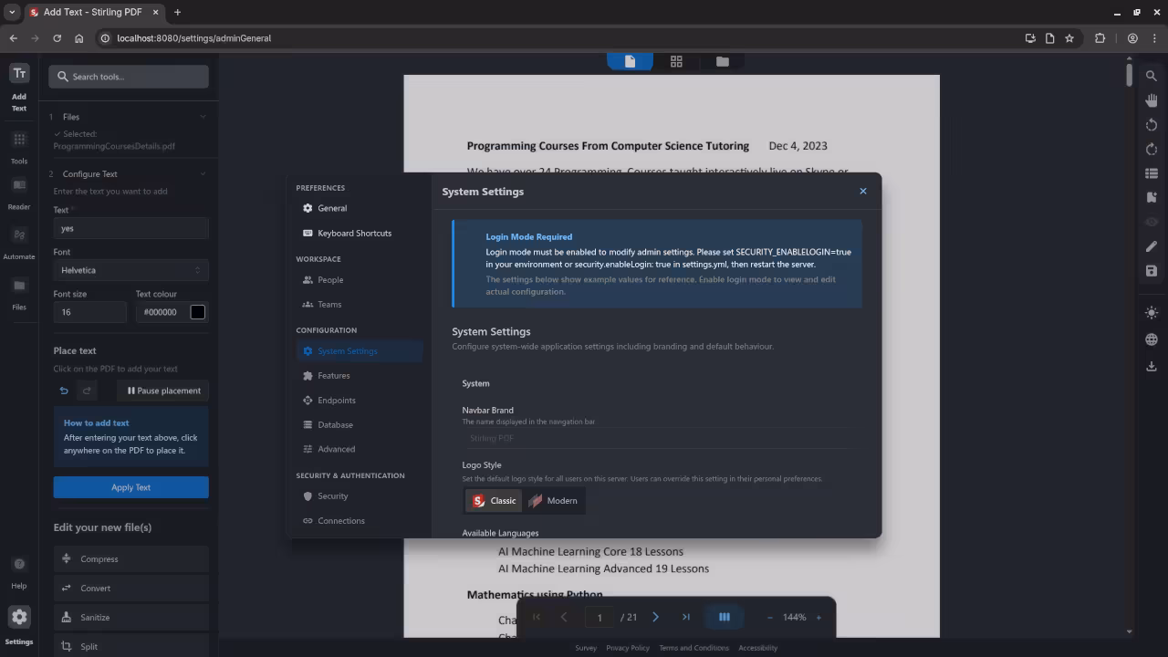 Stirling PDF System Settings