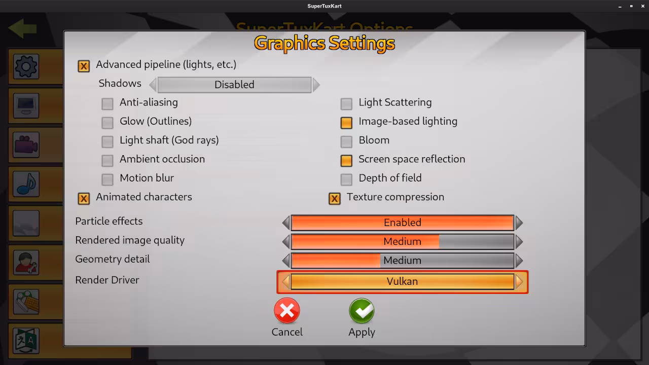 SuperTuxKart Graphics Settings showing Vulkan selection