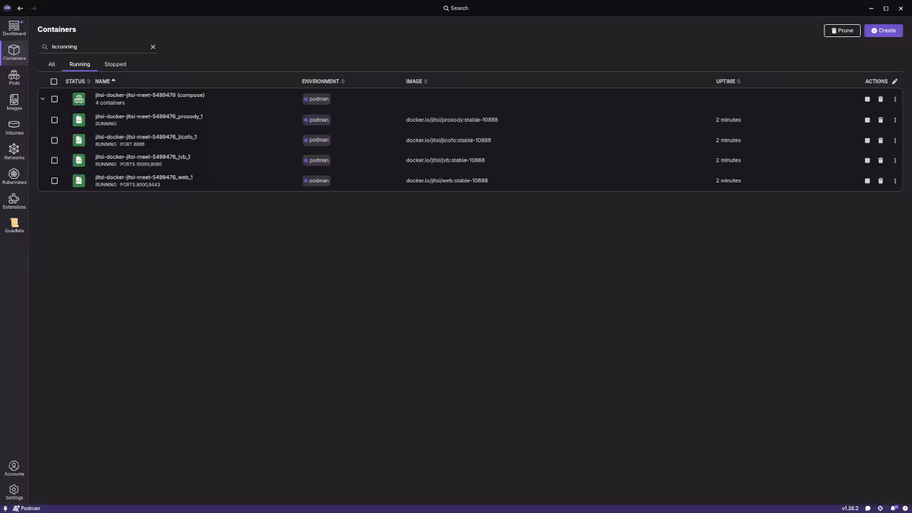 Podman Desktop Dashboard for Jitsi Meet