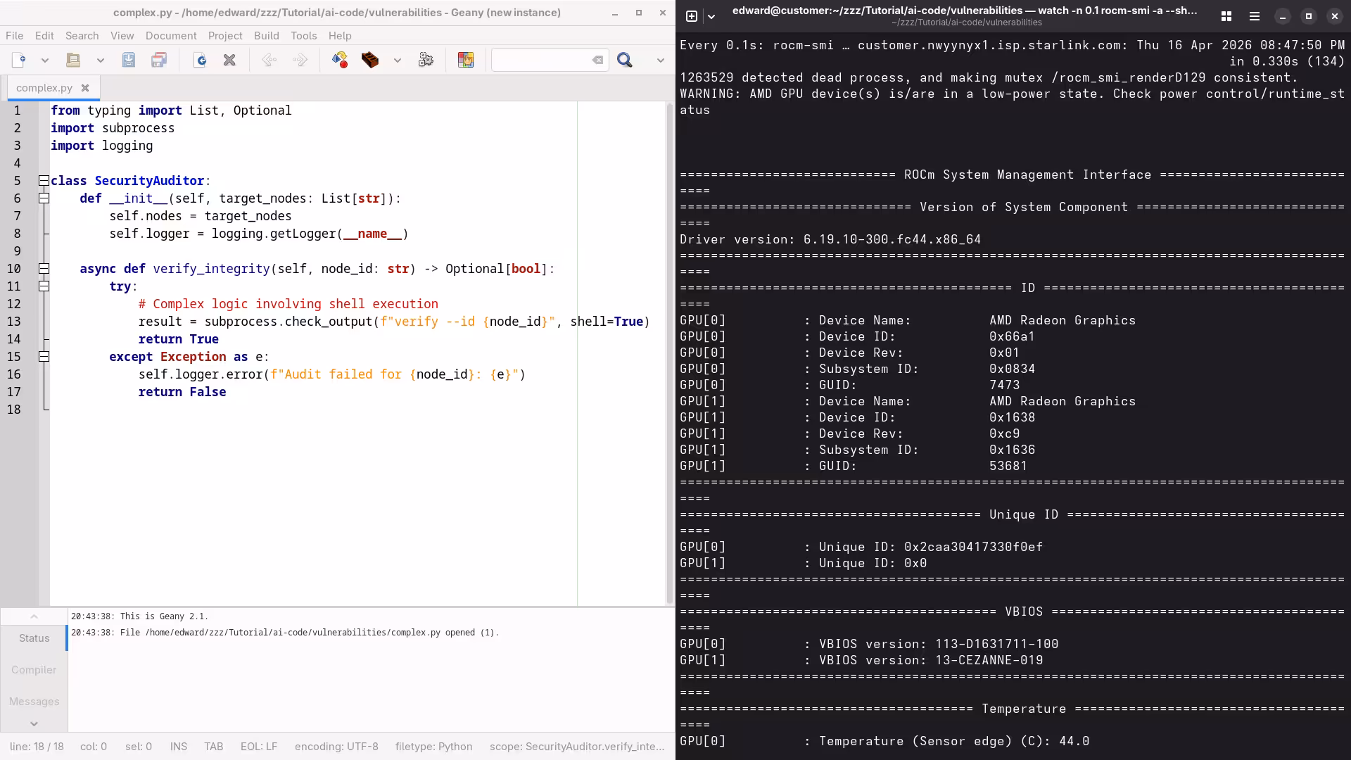 Efficiency visual showing tiled windows of code and ROCm terminal output