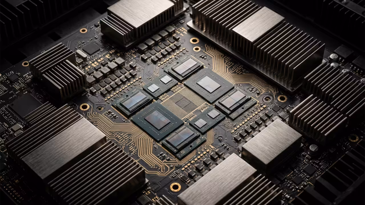 Cinematic wide shot of industrial compute card