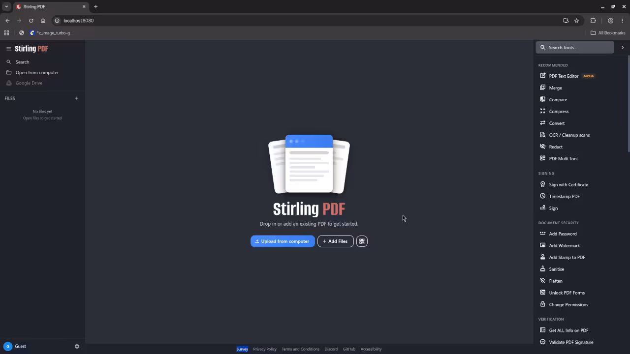 Stirling-PDF interface showing various PDF tools