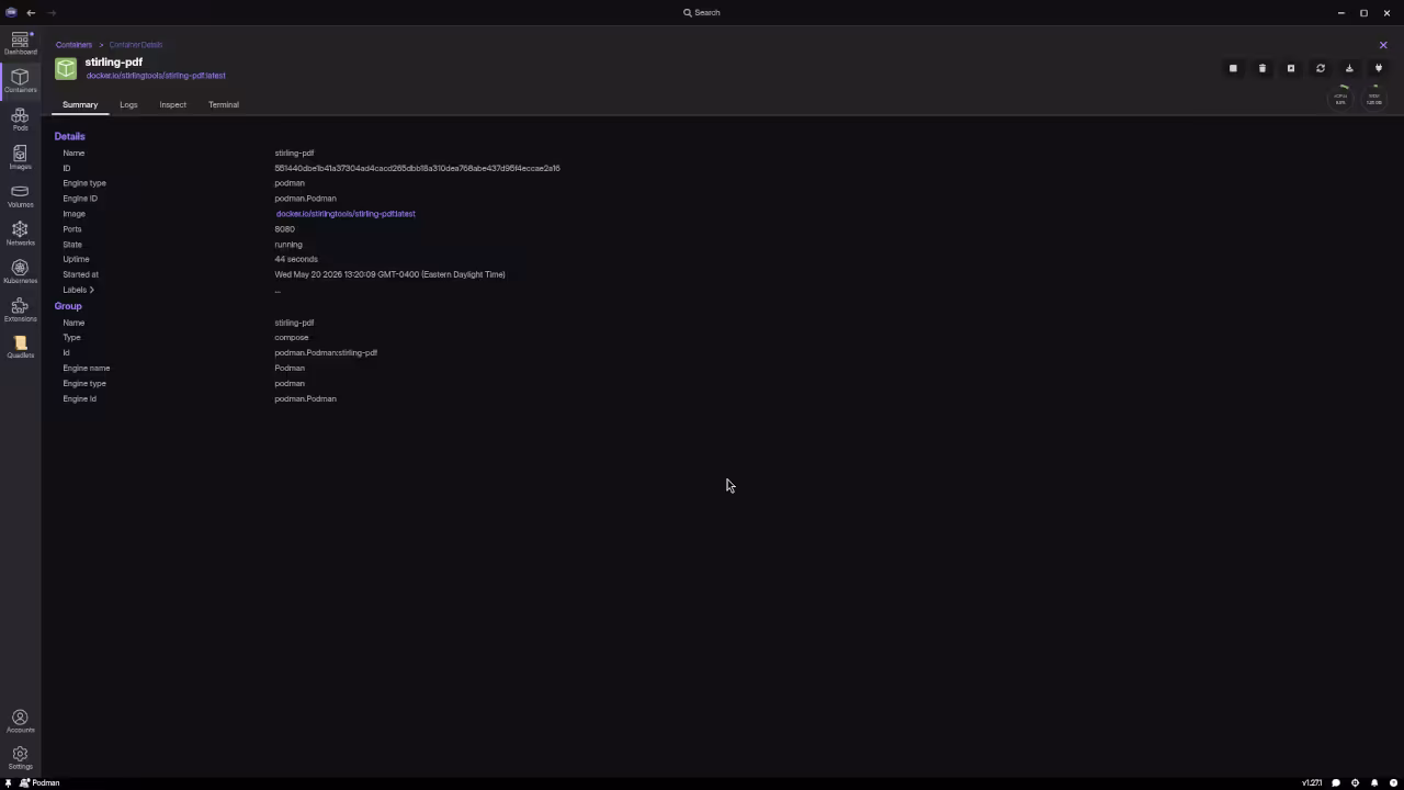 Podman Desktop dashboard managing containers