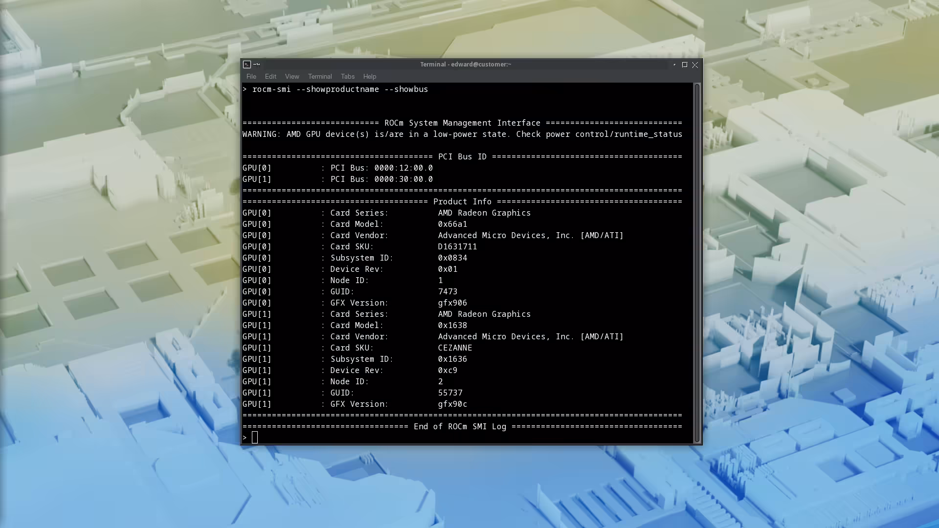 Terminal output showing ROCm status