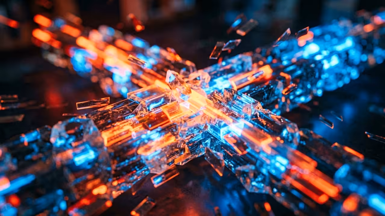 Cinematic wide shot of a dense, advanced edge compute system module glowing blue and orange
