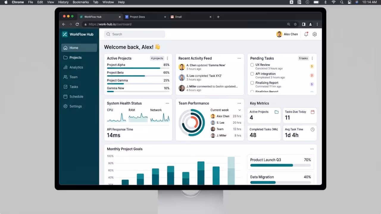 App Review Homepage dashboard interface displaying service cards and system metrics.