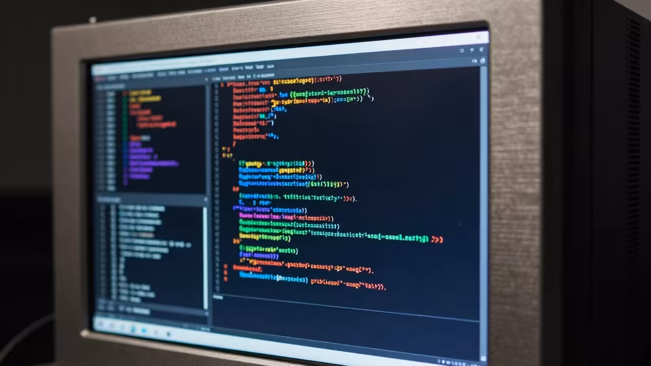 Extreme close up of a terminal window displayed on an industrial panel showing streaming code output.