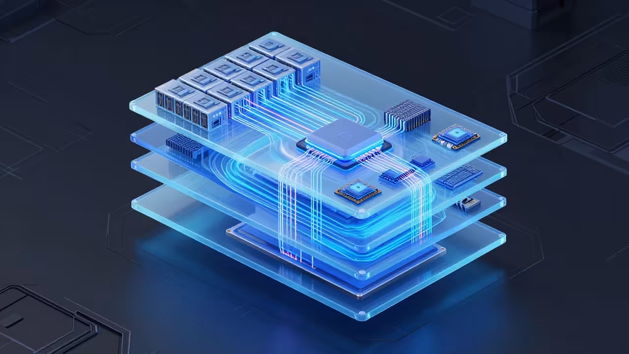 Abstract glowing blue data pipeline traversing a complex matrix of interconnected hardware components.