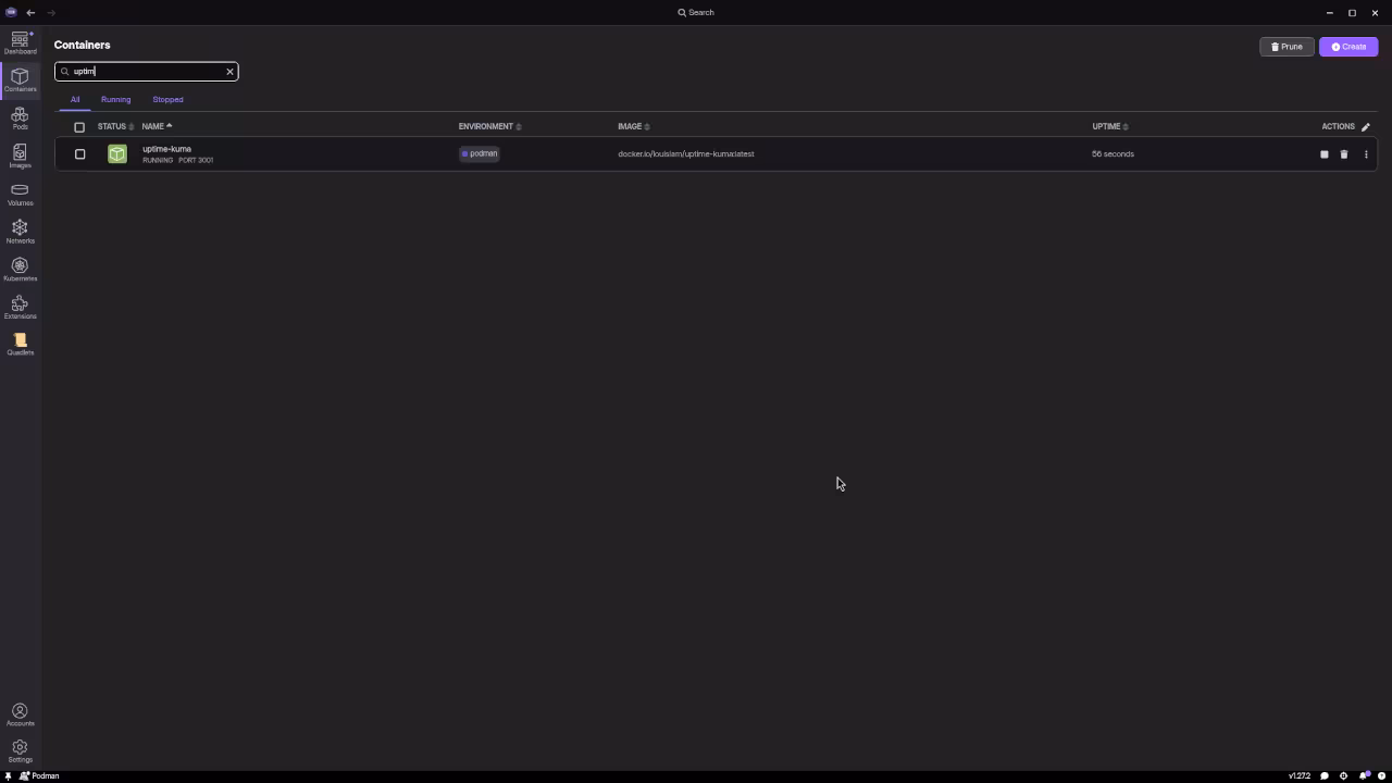 Podman Desktop interface showing Uptime Kuma container