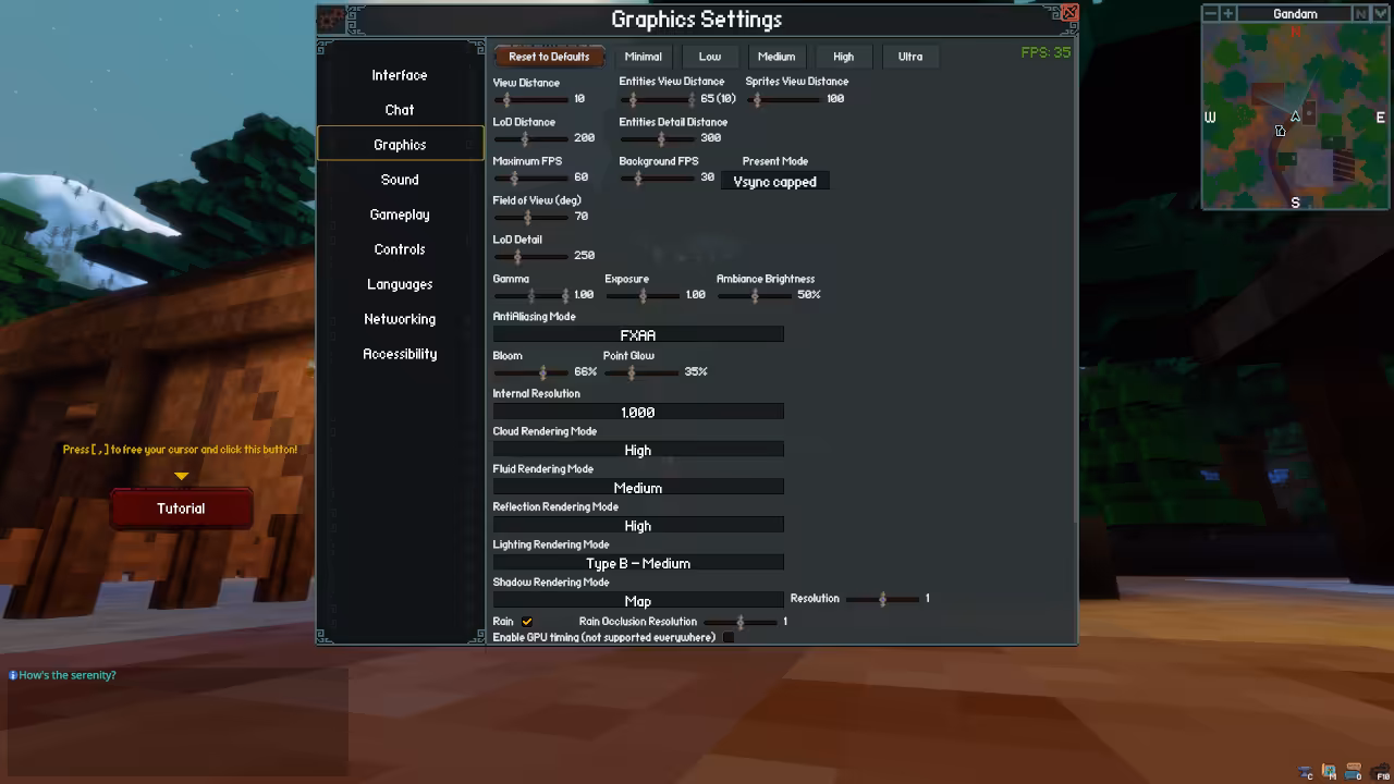 Veloren in-game settings menu on Fedora 44