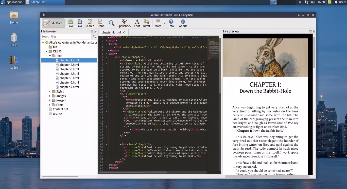 Calibre ebook editor split pane interface showing HTML code and live preview