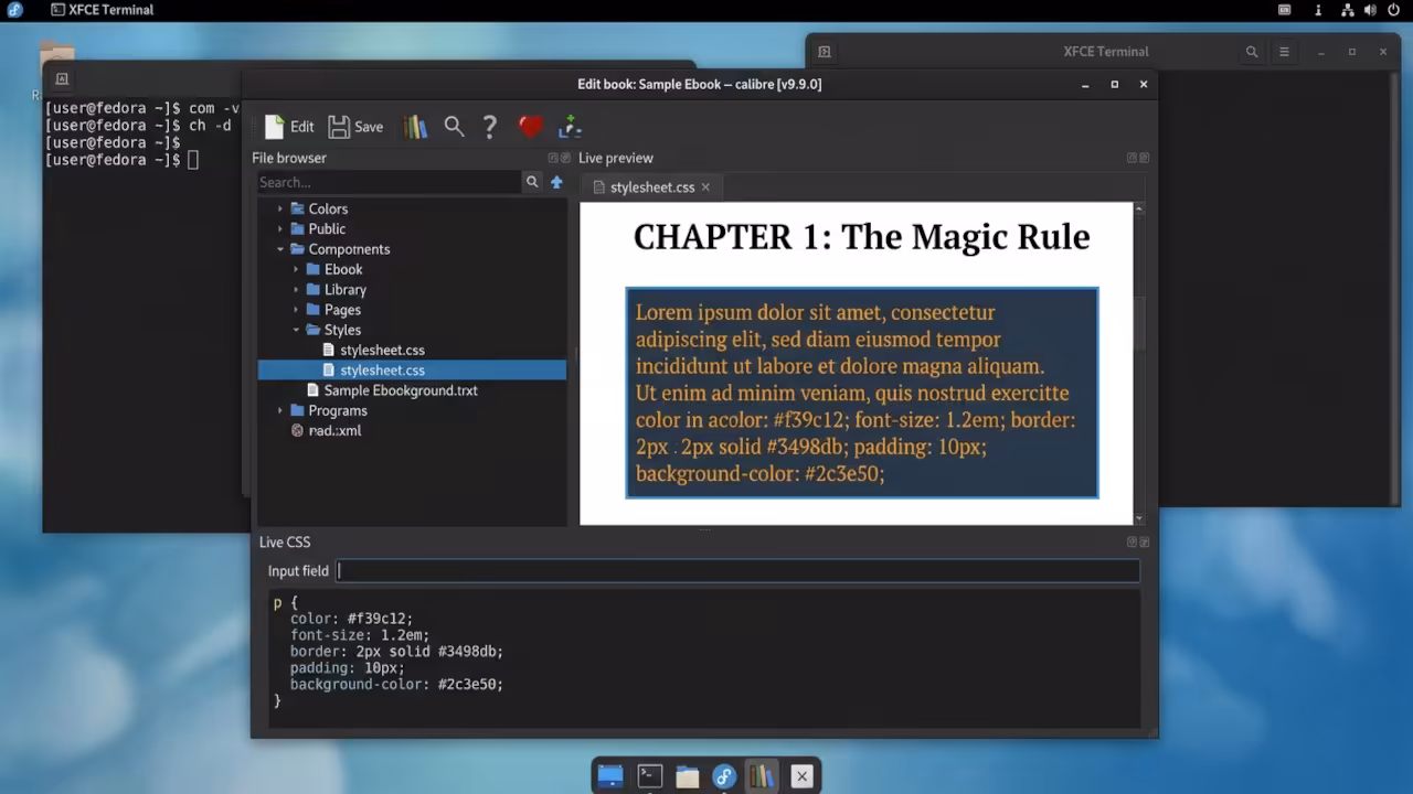 Calibre Live CSS panel showing temporary styling rules being tested