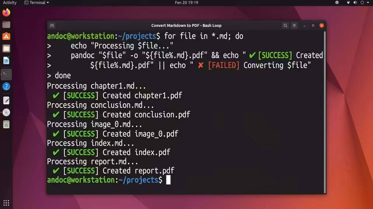 Terminal window showing batch processing script converting multiple markdown files
