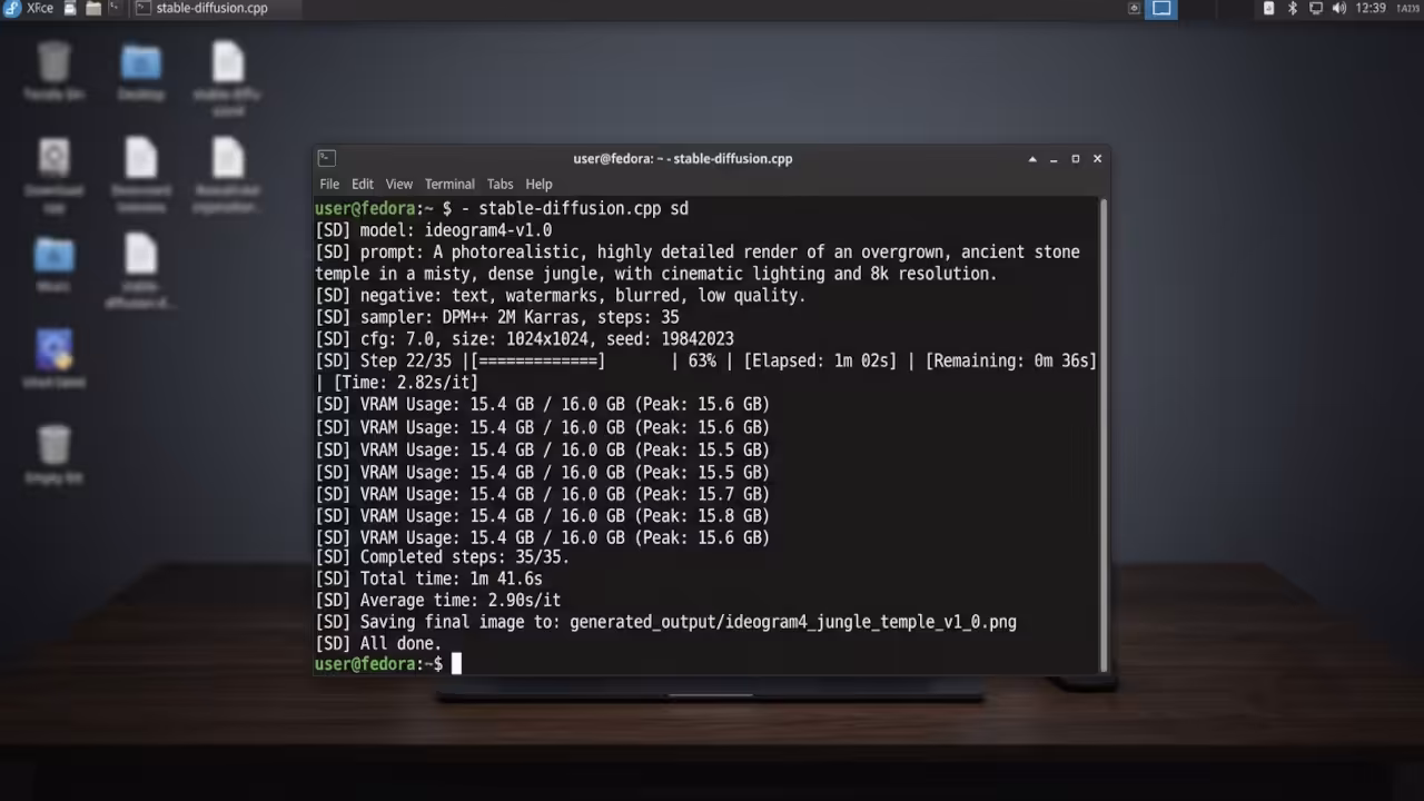 Fedora 44 terminal showing stable-diffusion.cpp Ideogram4 generation progress output