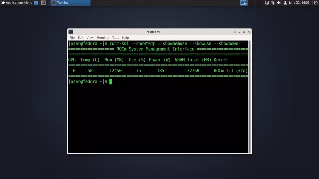Fedora 44 XFCE4 terminal running rocm-smi command showing AMD Instinct MI60 GPU status with memory usage and compute utilization