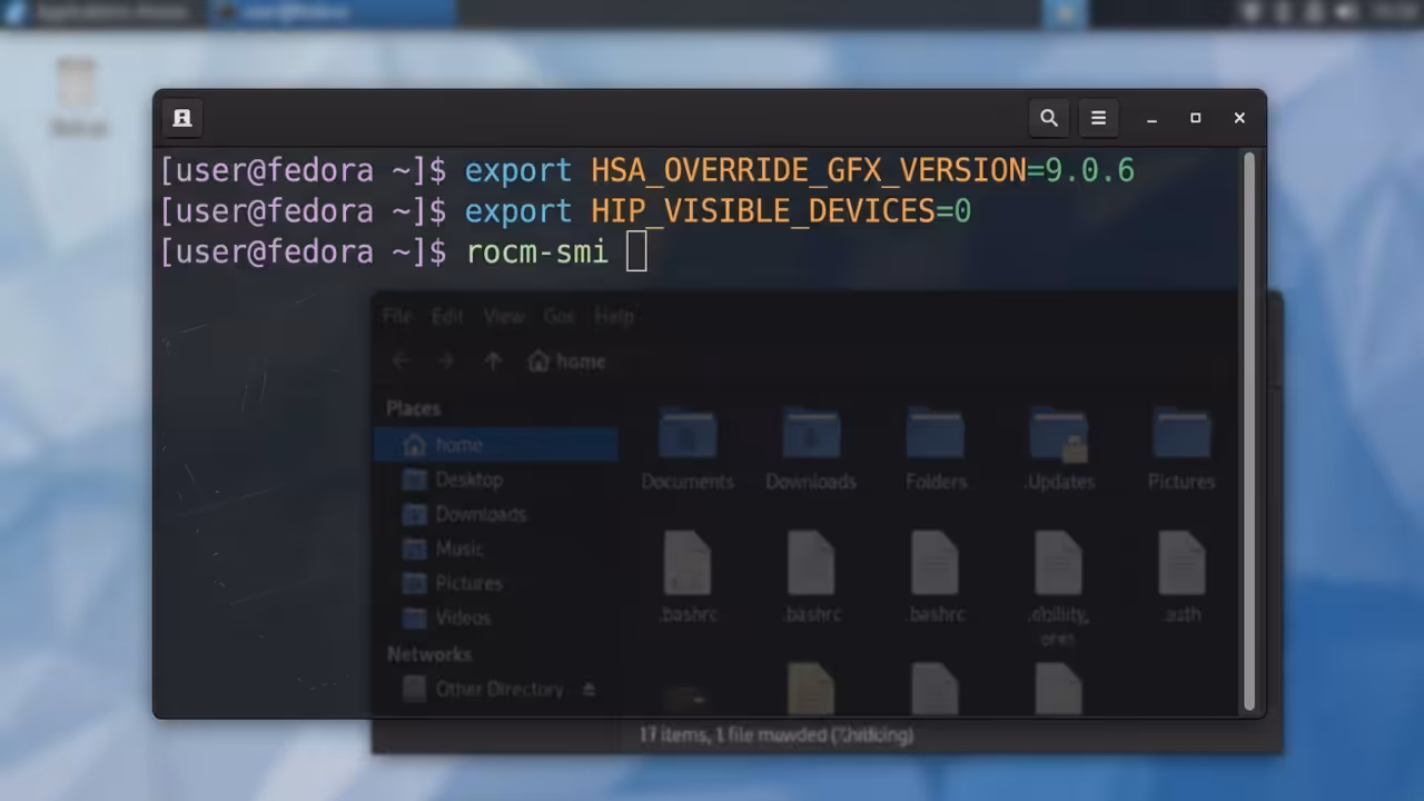 Fedora 44 XFCE4 terminal displaying ROCm environment variable configuration code for MI60 GPU setup