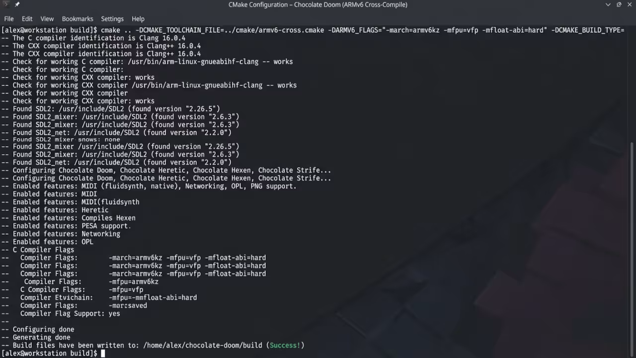 Desktop Linux terminal showing Chocolate Doom cmake build compilation output with SDL2 library detection
