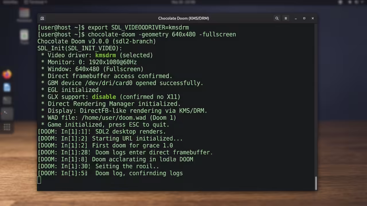 Terminal showing SDL_VIDEODRIVER kmsdrm environment variable configuration for headless Chocolate Doom rendering