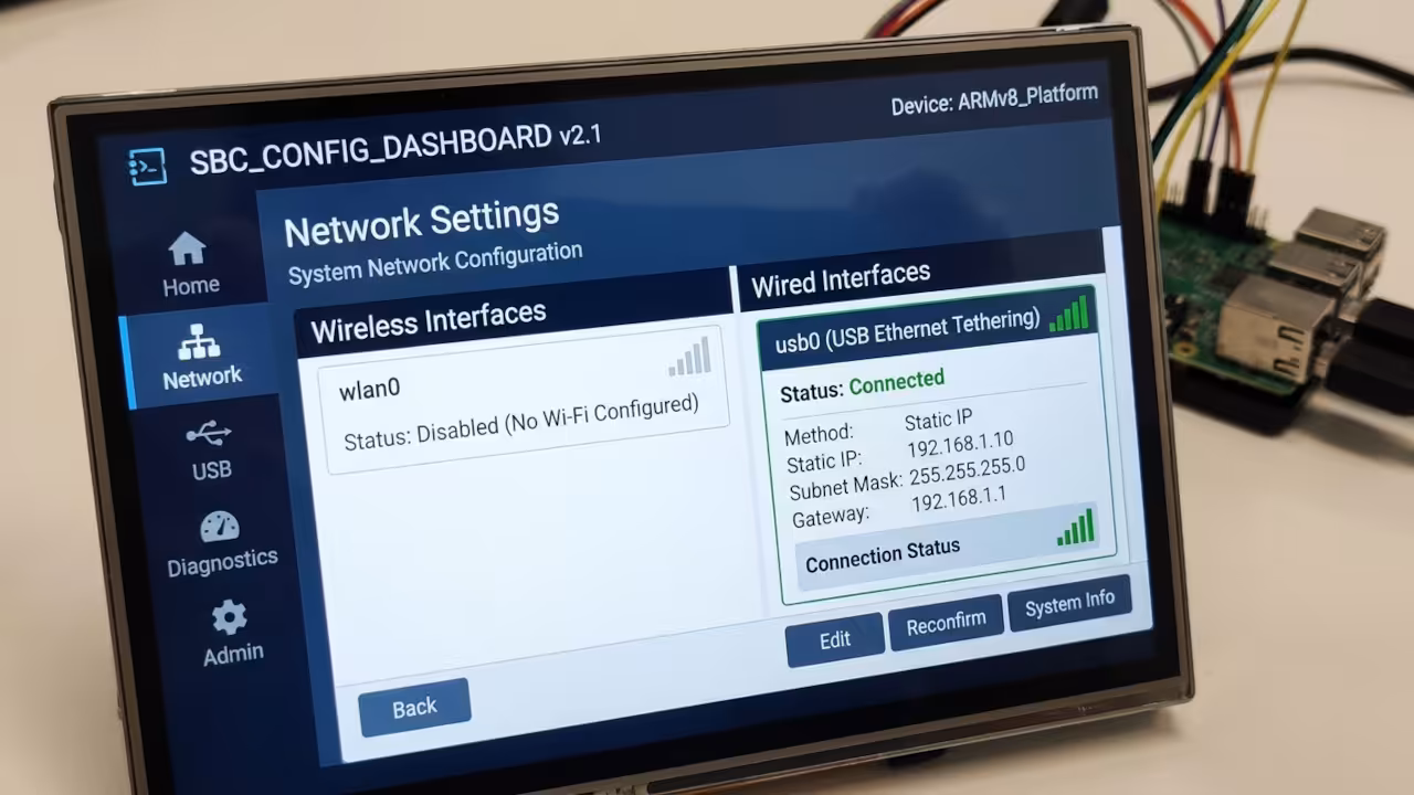 Single board computer USB Ethernet tethering configuration with static IP address assignment