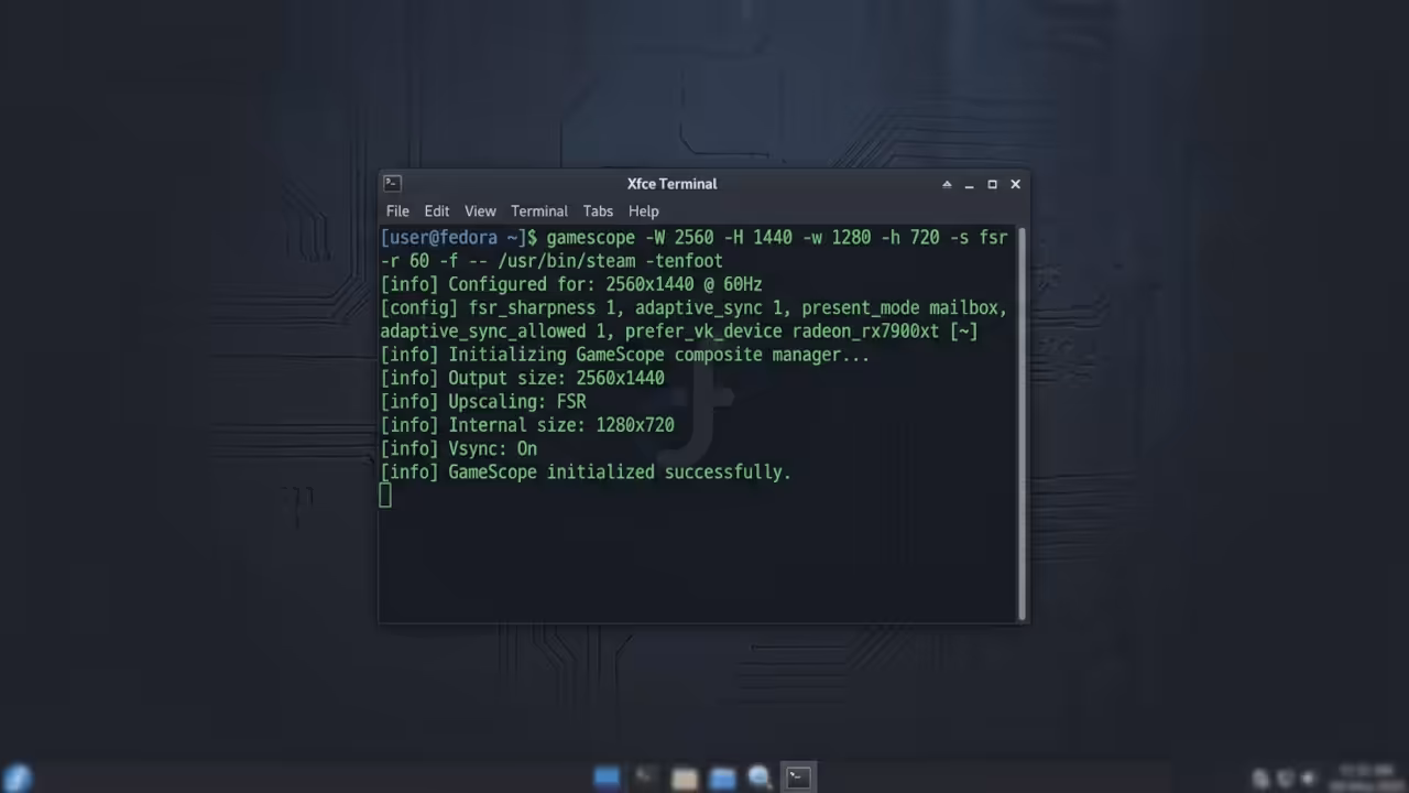 Glowing amber terminal window displaying GameScope command line arguments on dark industrial background