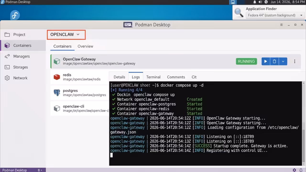 Podman Desktop showing OpenClaw gateway container running on Fedora 44 XFCE