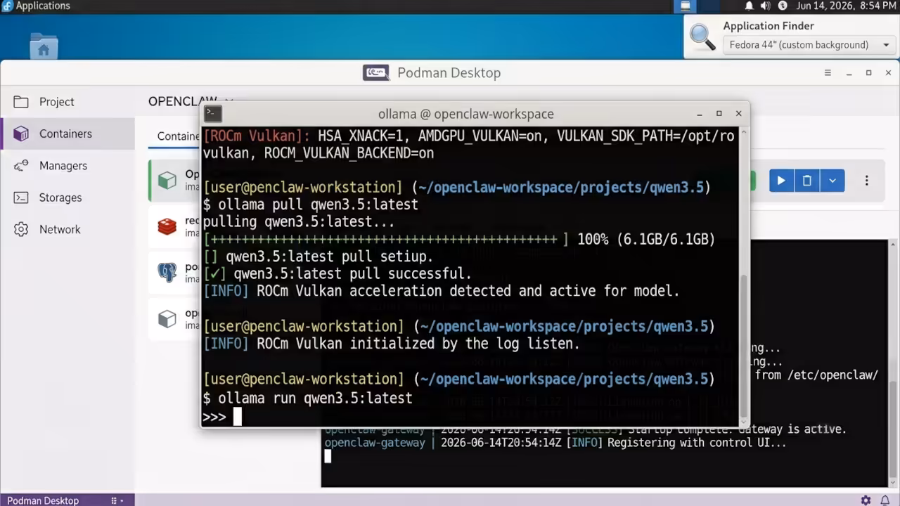 Ollama local model integration with OpenClaw showing Qwen 3.5 loaded and AMD ROCm environment variables