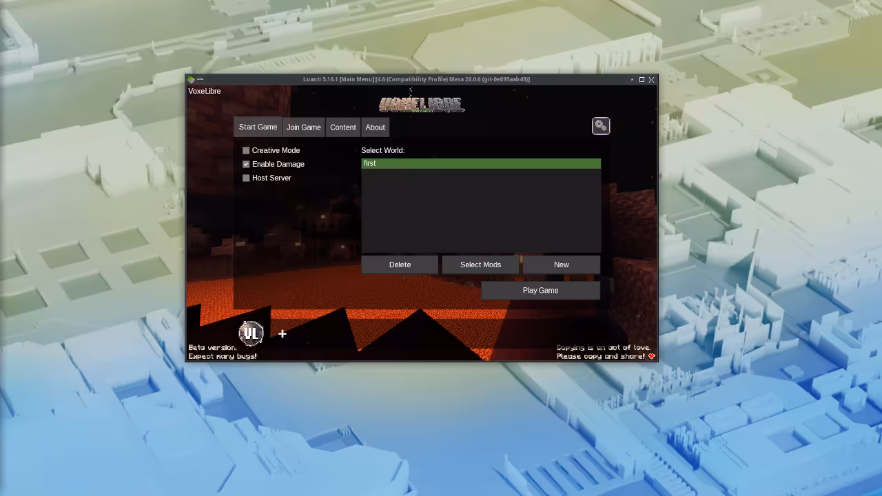 Luanti main menu screen showing VoxeLibre game selection with Singleplayer Multiplayer and Mod Manager buttons