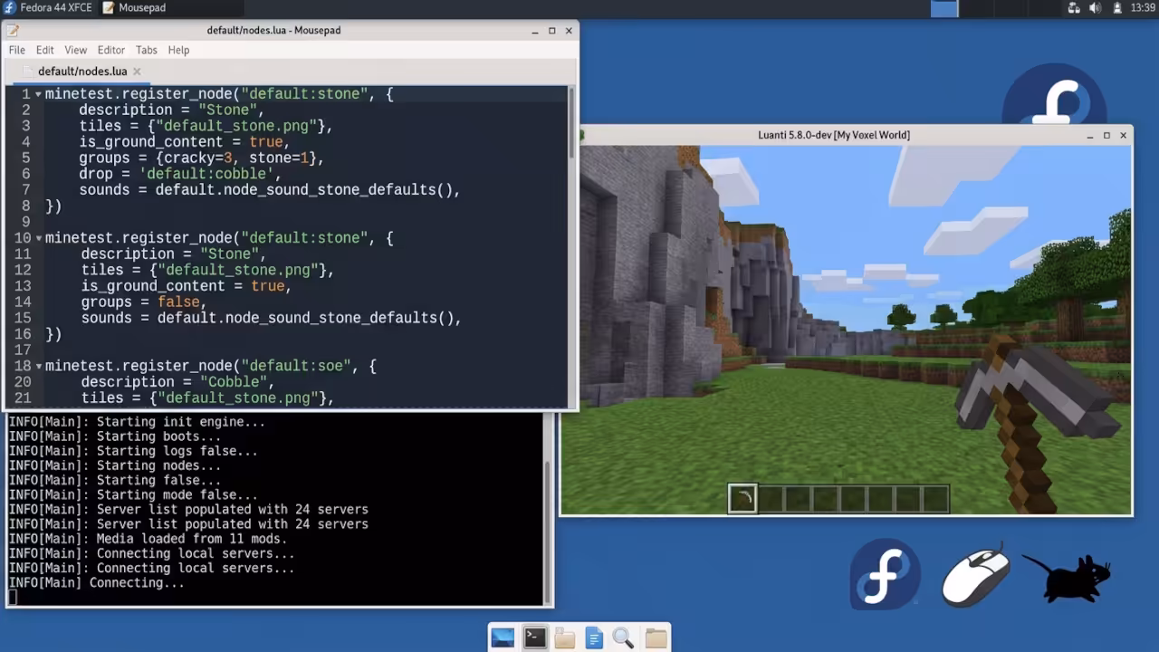 Lua code editor displaying minetest.register_node function with syntax highlighting on Fedora 44 XFCE desktop
