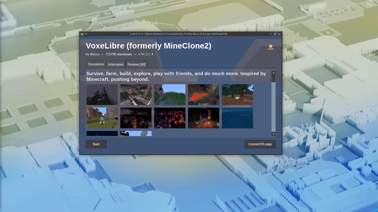 Luanti in-game content browser displaying ContentDB package listings with mod and game thumbnails