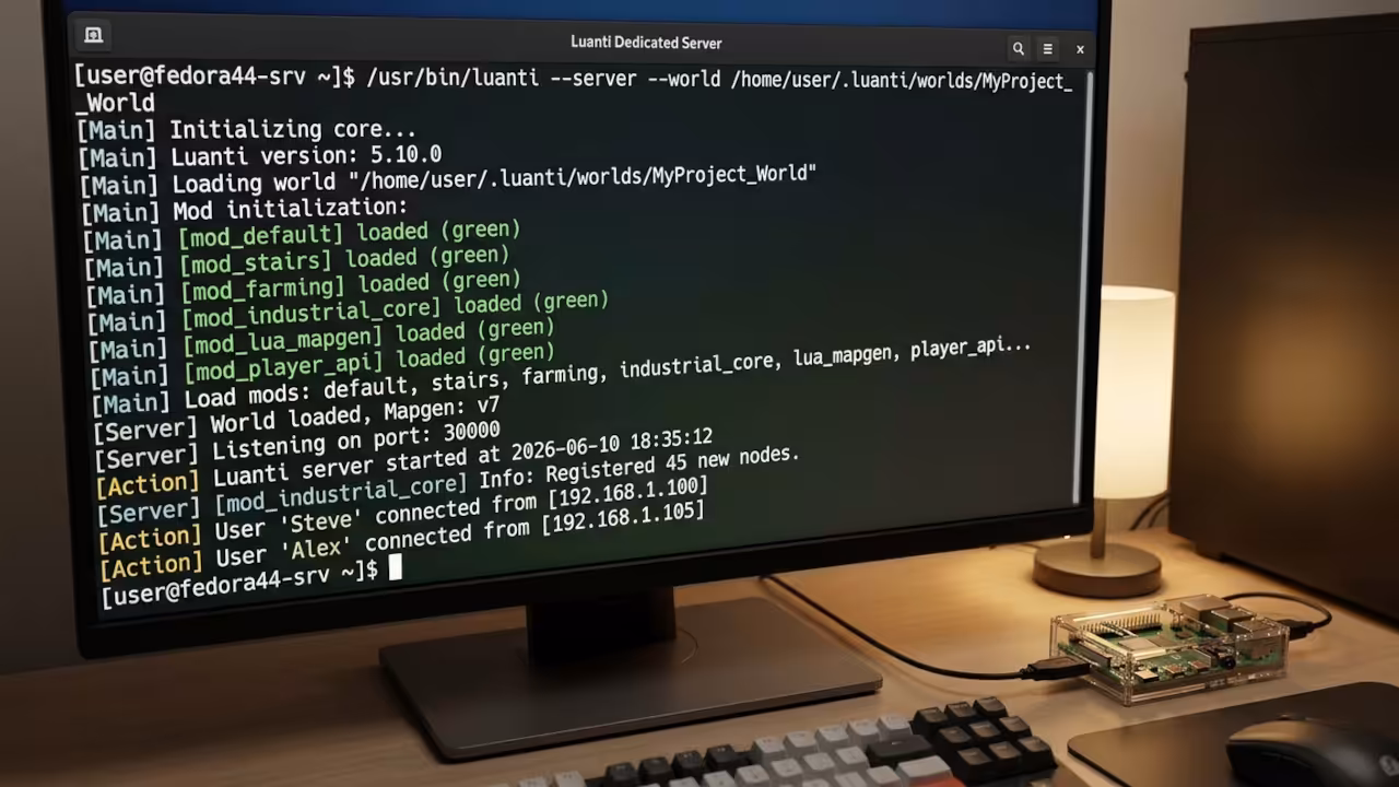 Fedora 44 terminal running Luanti dedicated server with Raspberry Pi Zero W connected via USB
