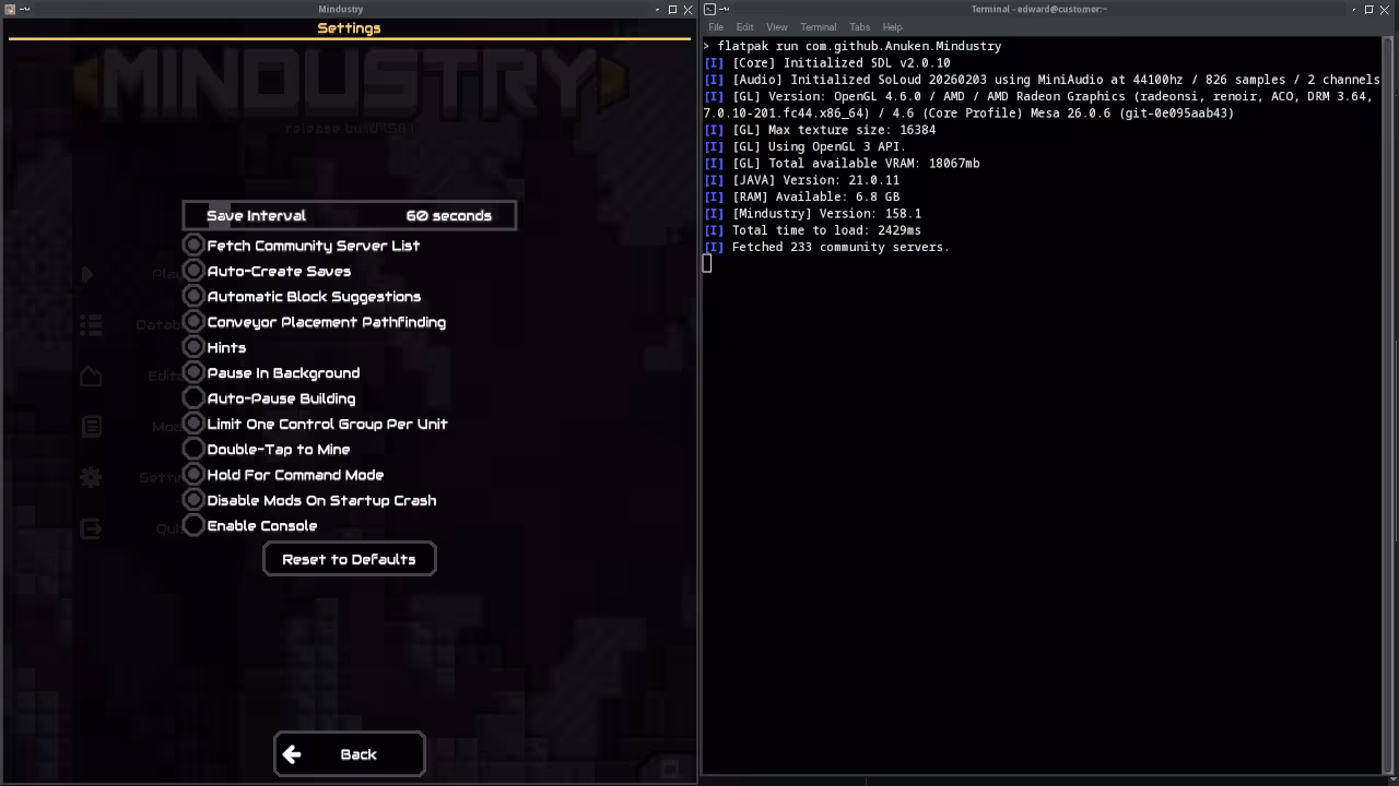Mindustry game main menu with terminal showing Java launch command