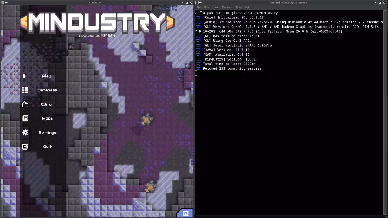 Terminal window showing Java G1GC launch command for Mindustry