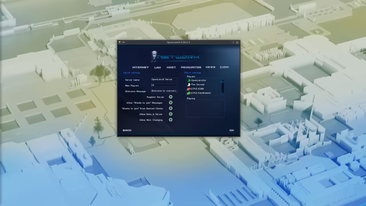 OpenLierox game window showing Net Play Host menu on Fedora 44 XFCE4 desktop with terminal build output