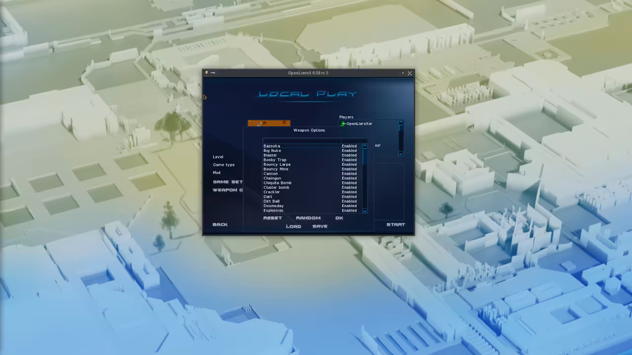OpenLierox weapon selection menu showing expanded arsenal from Ultimate Mod Pack