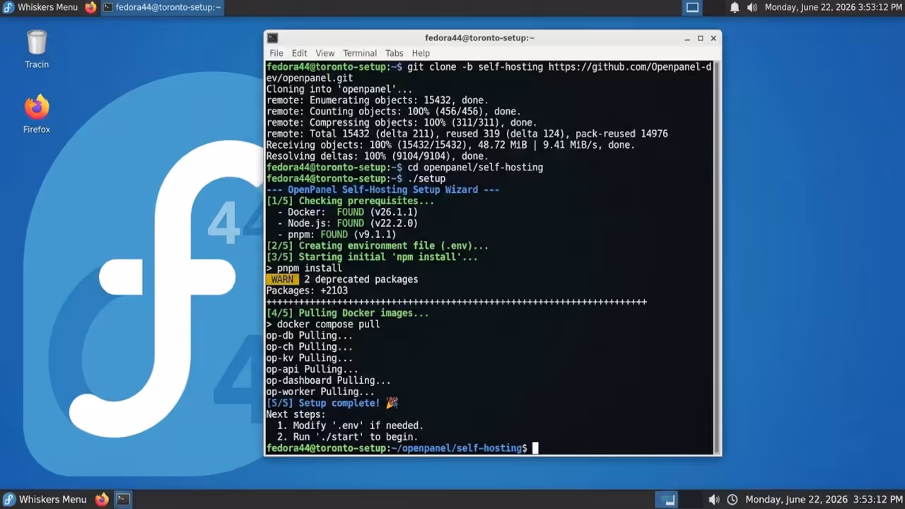 Fedora XFCE terminal running OpenPanel self-hosting installation commands