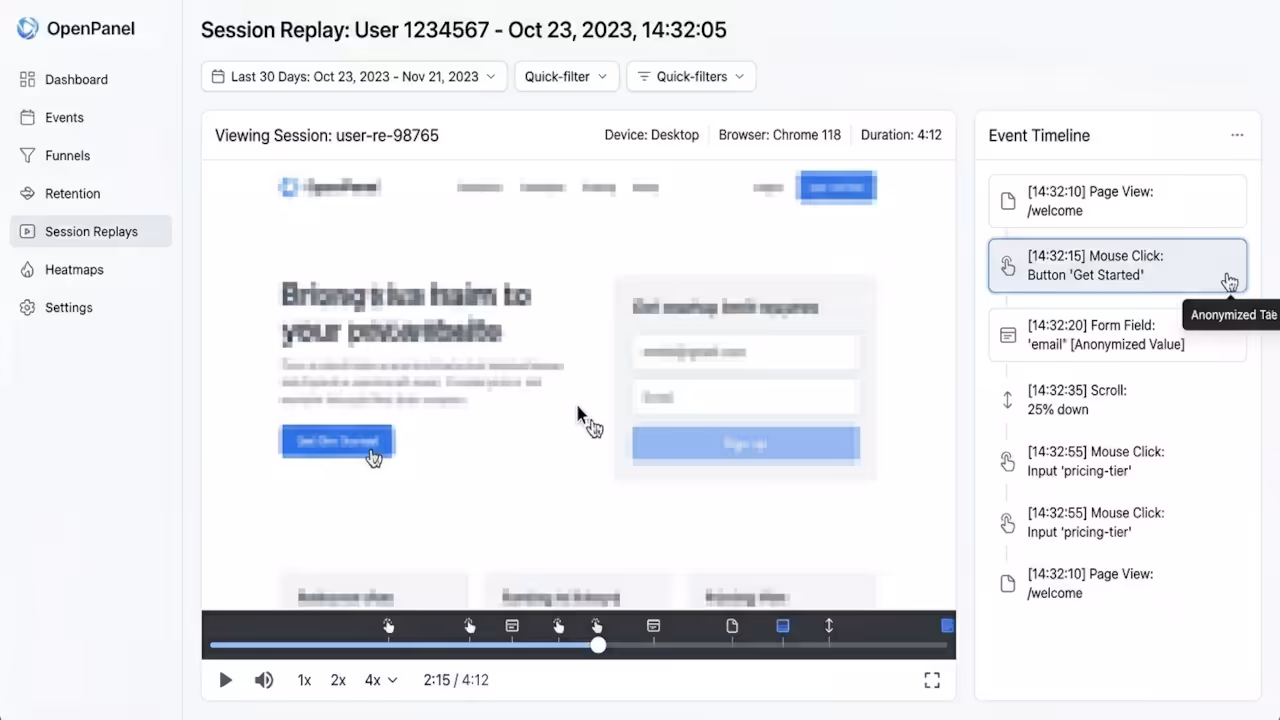 OpenPanel session replay interface showing recorded user session playback