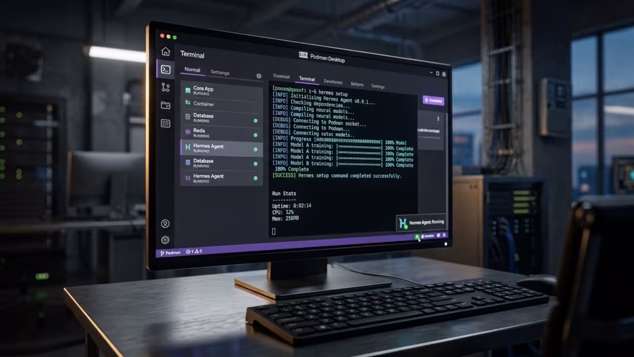 Hermes Agent terminal interface running on Podman Desktop with glowing command line