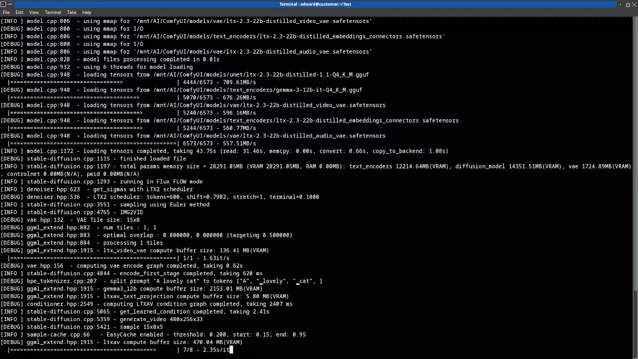 Terminal showing stable-diffusion.cpp LTX 2.3 video generation progress
