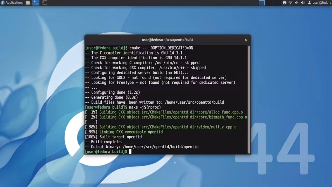 Terminal showing CMake build output for OpenTTD dedicated server compilation with OPTION_DEDICATED flag on Fedora 44 XFCE desktop