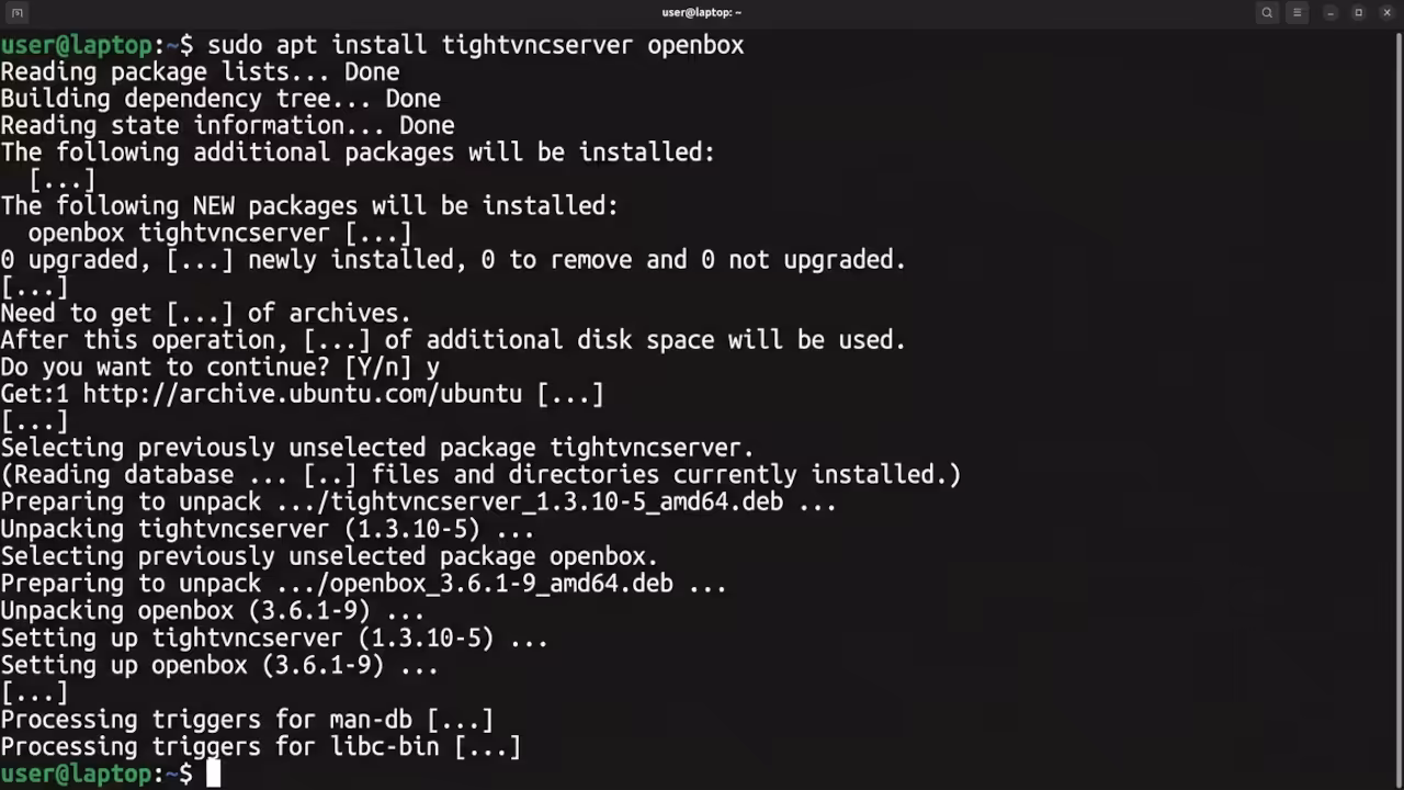 Terminal showing installation of tightvncserver