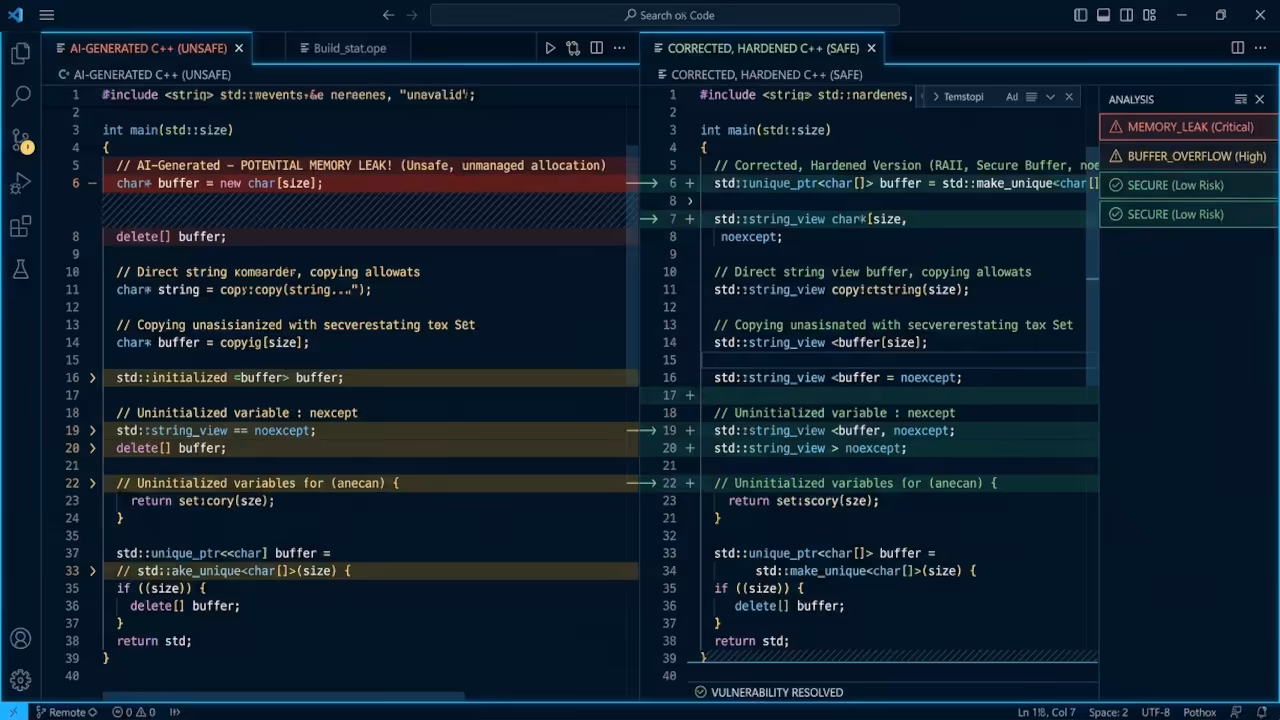 Code comparison of AI vs Hardened C++