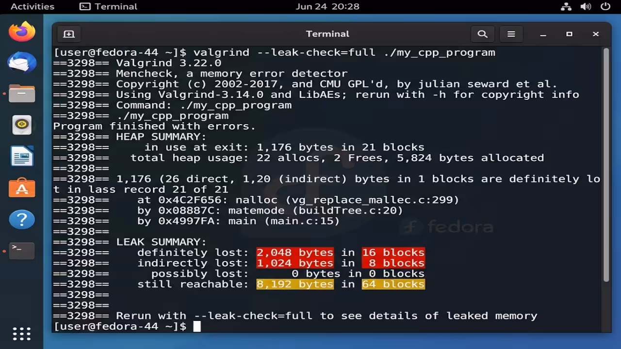 Valgrind terminal output