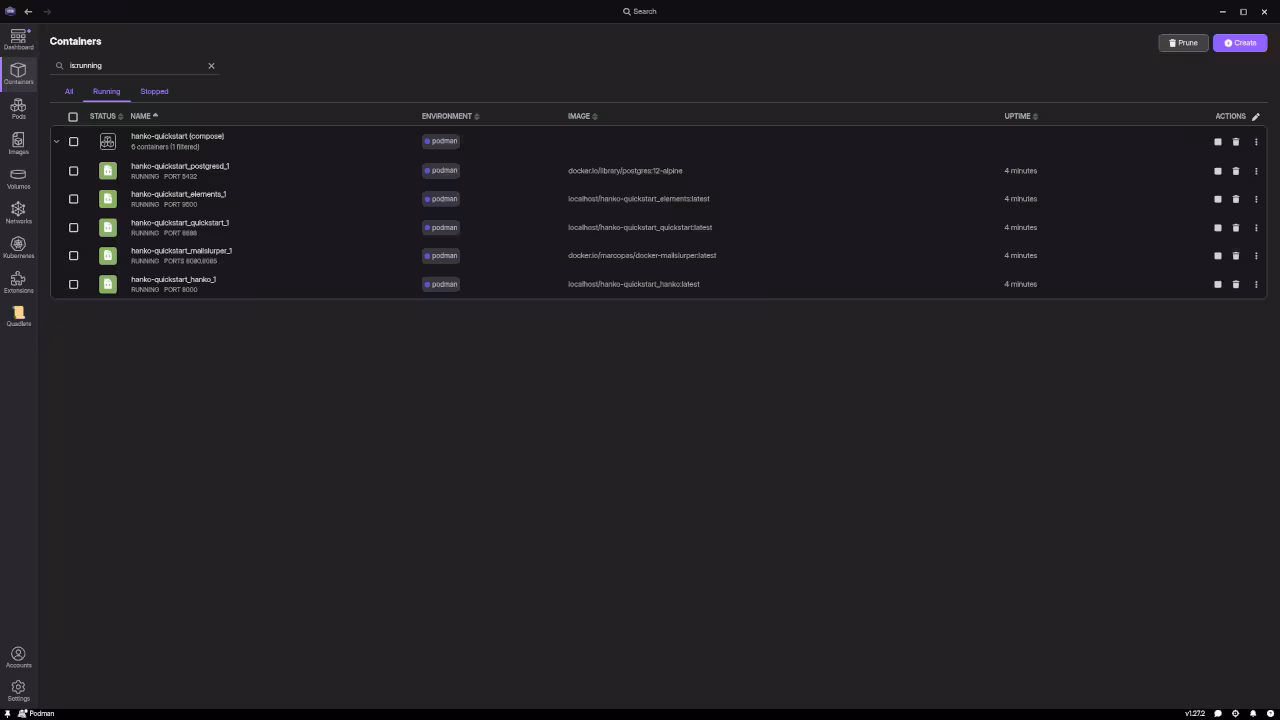 Podman Desktop interface showing Hanko quickstart containers running