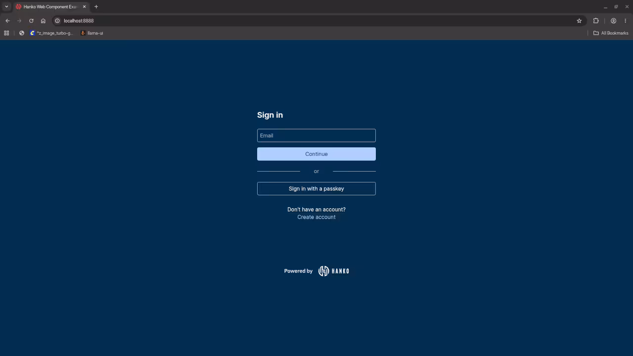 Hanko login interface with passkey email and password options