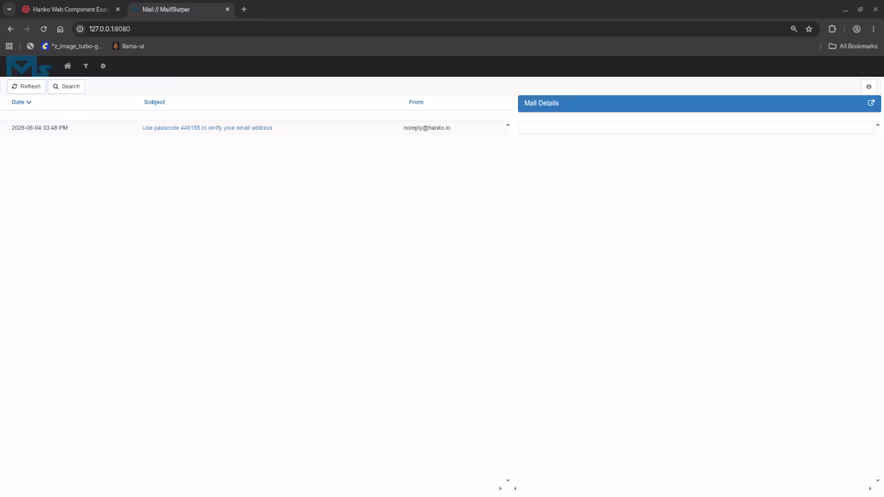 MailHog interface showing intercepted Hanko verification emails
