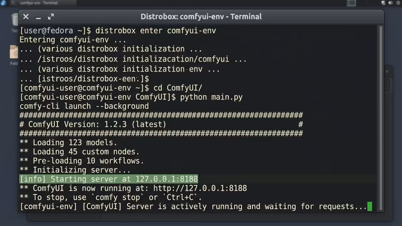 Glowing terminal window above AMD Instinct MI60 GPU server rack with Podman Distrobox commands