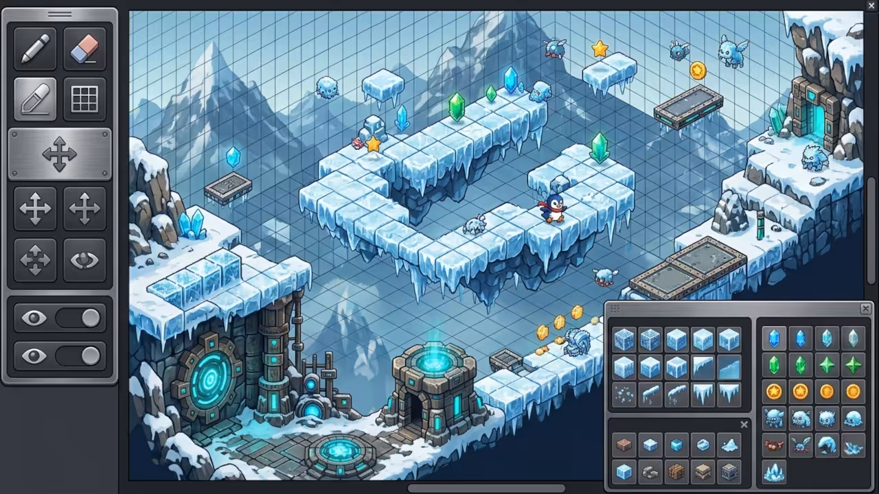 SuperTux 0.7.0 level editor workspace showing tile palette and in progress icy platformer level